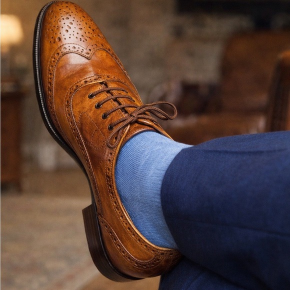 Handmade Leather Brogue Oxford Dress Shoes Cognac Brown Wingtip 44 Made in Italy